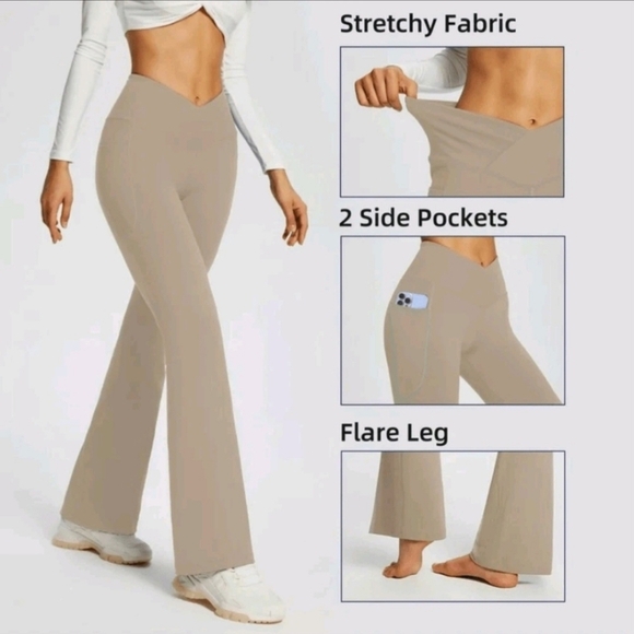 Baleaf Tan Crossover Flare Leggings With Pockets Women Size Xlarge - Picture 1 of 8